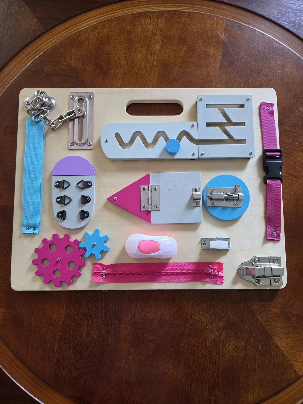 Wooden Montessori Busy Board for Kids - Pink, Turquoise, White
